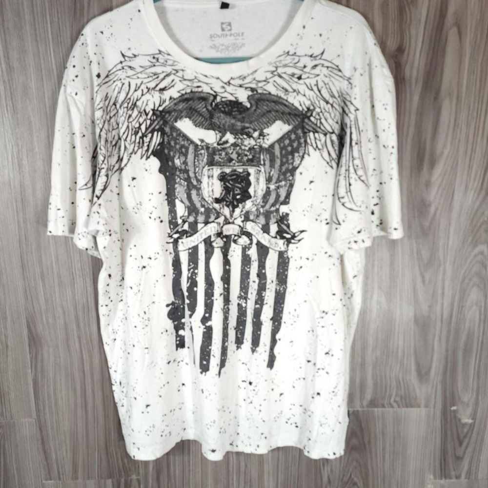 Southpole Mens White Graphic T-Shirt Eagle American Flag Splatter Print Y2K L